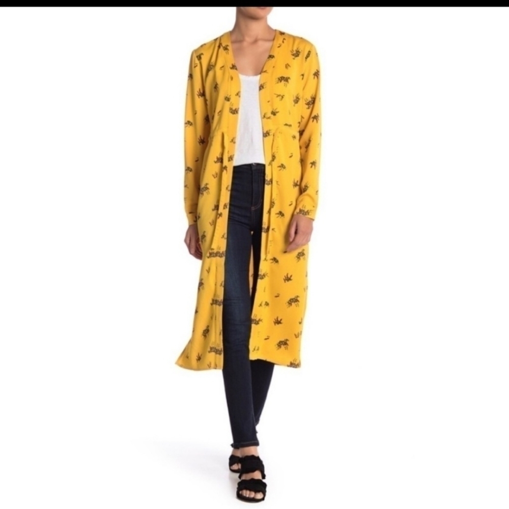 Melrose & Market Satin Robe Kimono Duster Floral Golden Yellow Front Tie Size L